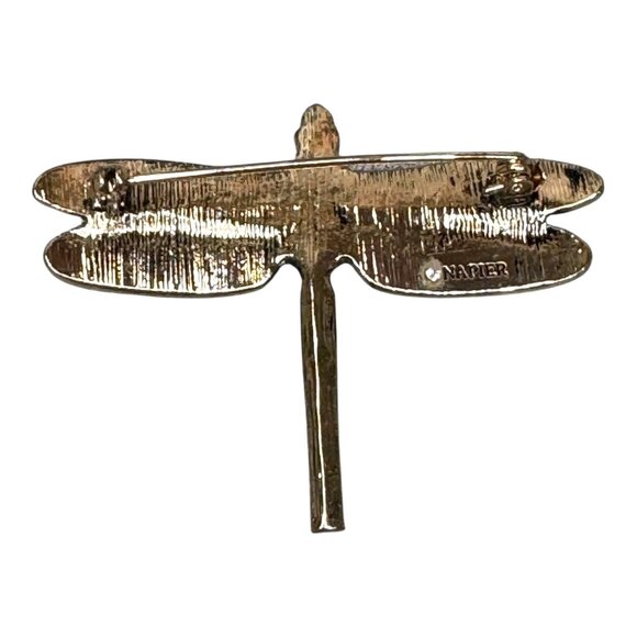 Vintage Napier Dragonfly Rhinestone Brooch Pin Enamel Gold Tone & Brown Accents - Picture 7 of 8